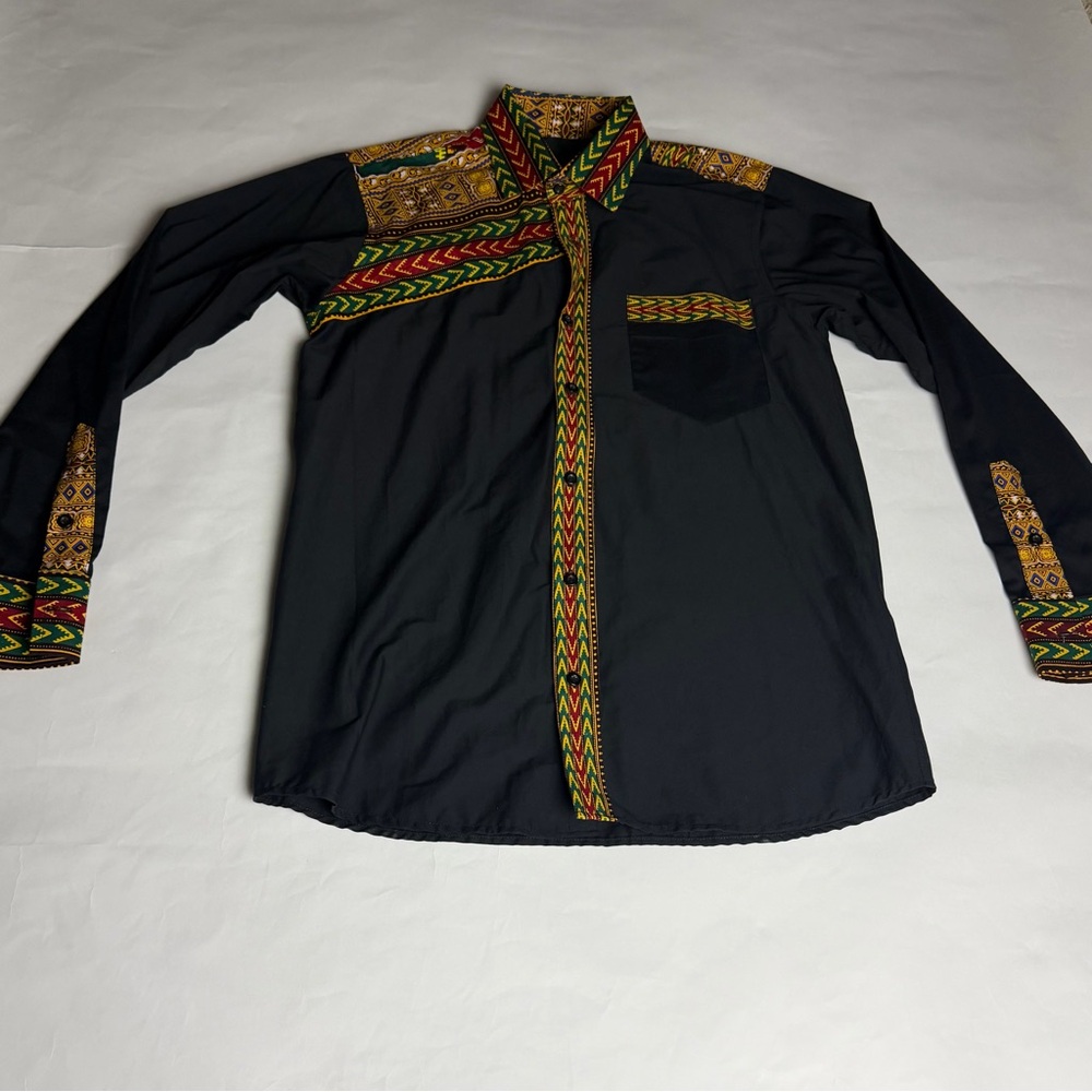 Men's Black Multicolor Patterned Patchwork Shirt - image 2